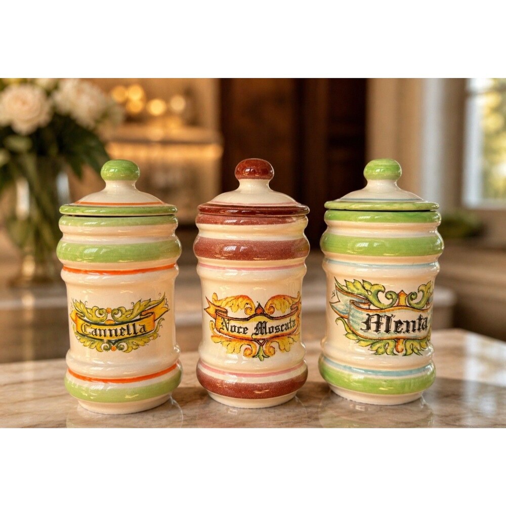 Ceramica Alimenti Italian Ceramic Spice Jars Set of 3 with Lids Floral Pattern